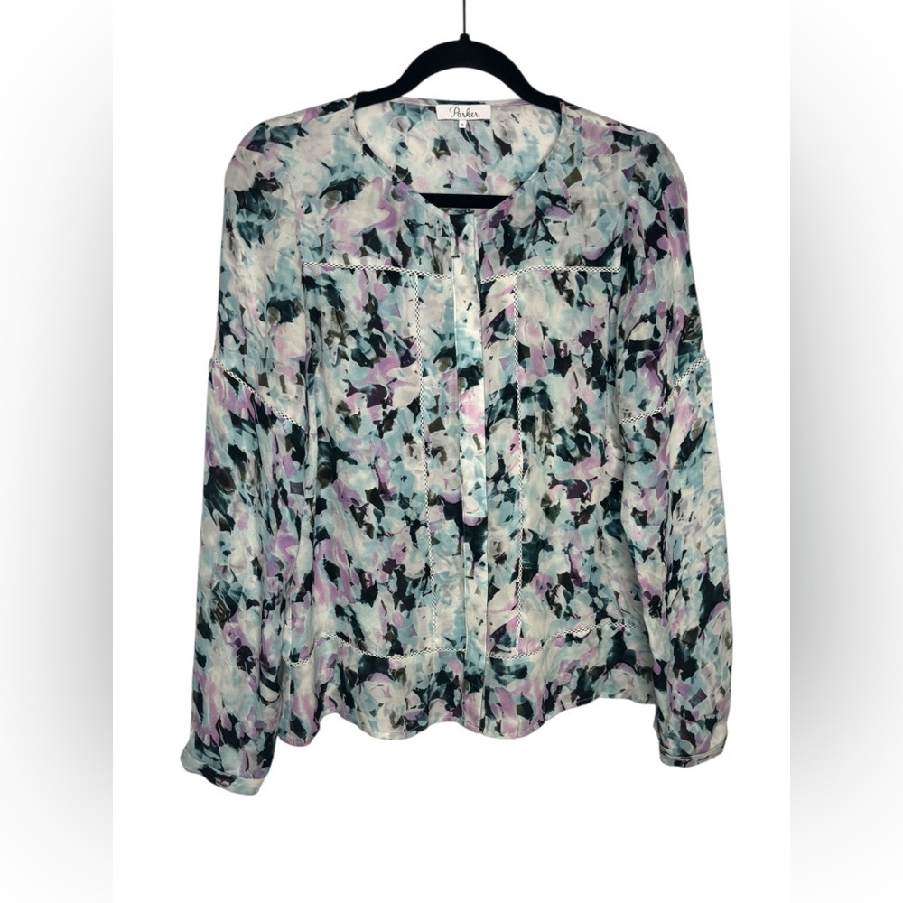 Parker Floral Silk Button Front Dainty Romantic Blouse Lace Detailing Size Small